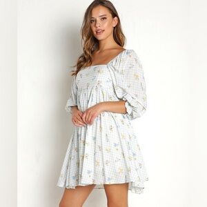 Sweet En Forme Multi Color Flowers Blue Gingham Babydoll Mini Dress Size medium